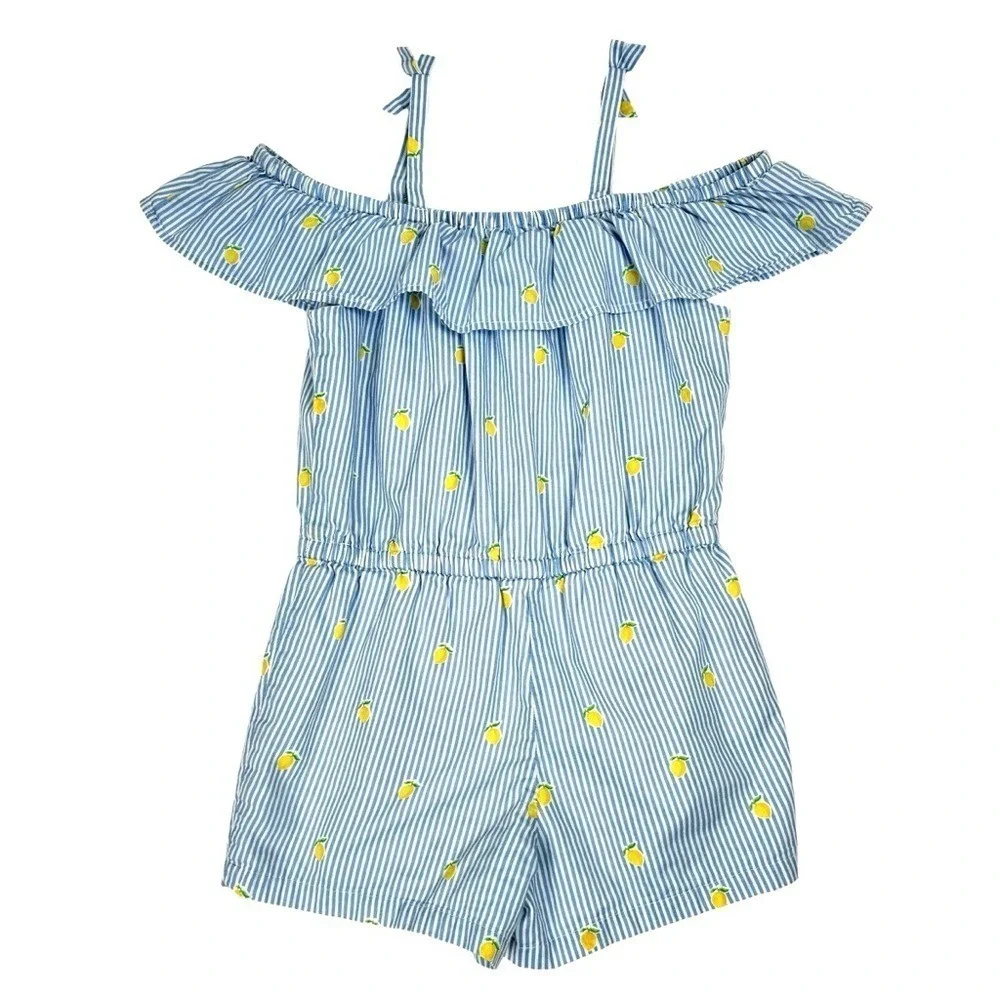 Janie & Jack Girls Romper 4T/5T Blue Stripe Lemon Ruffle Beach Vacation Cotton - Picture 2 of 13